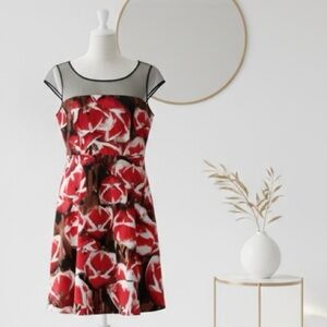 Liz Claiborne| Retro Black & Red Floral Mesh Bodice Midi Dress w/Full Skirt Sz 8